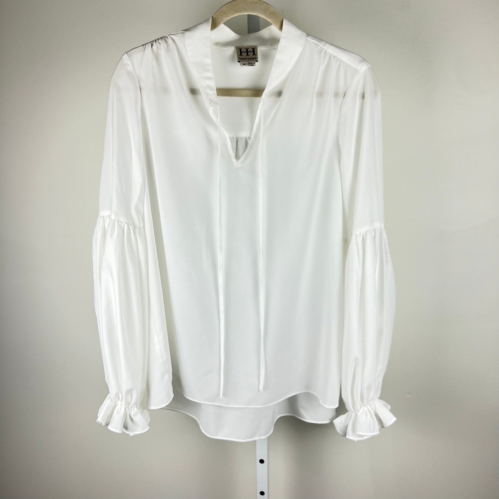 Haute Hippie White Balloon Sleeve Tie Neck Ruffle Blouse Size M - Picture 8 of 8